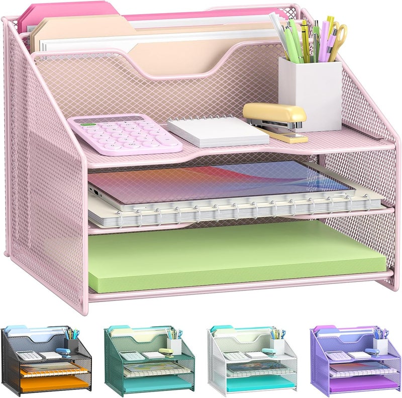 Samstar Pink Desk File Organizer, Mesh Letter File Folder Holder with 3 Paper Trays and 2 Vertical Upright Section, for Office Supplies, Desk Accessories & Workspace, Pink - Image 1